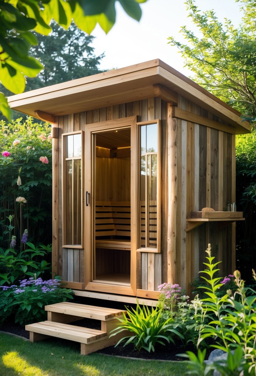 An outdoor wooden sauna made from recycled materials surrounded by green plants and trees in a garden.