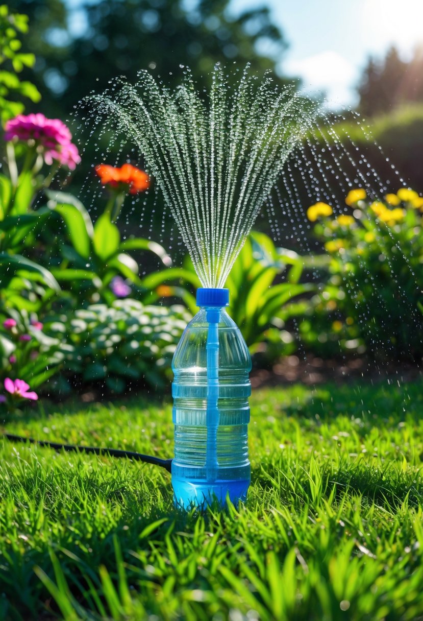 A plastic bottle garden sprinkler watering a green lawn with plants and flowers around it.