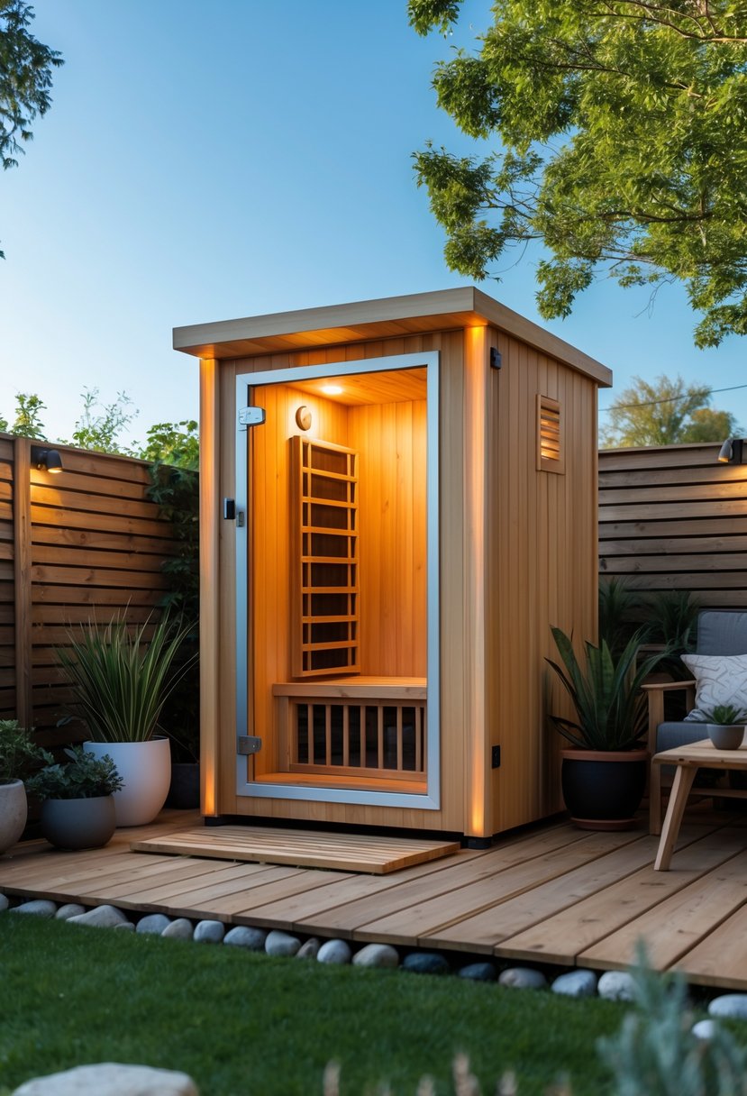 Compact wooden infrared sauna in a small backyard garden surrounded by plants and outdoor seating.