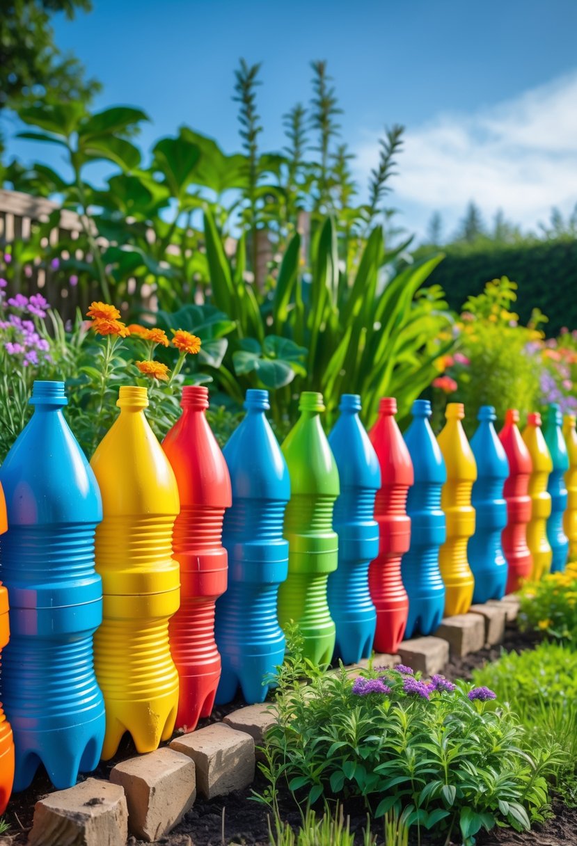 A colorful garden border made from painted plastic bottles surrounding a garden bed with green plants and flowers.