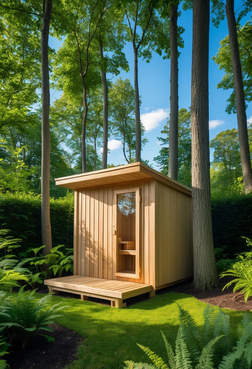 A wooden sauna cabin surrounded by tall trees and green plants in a garden.