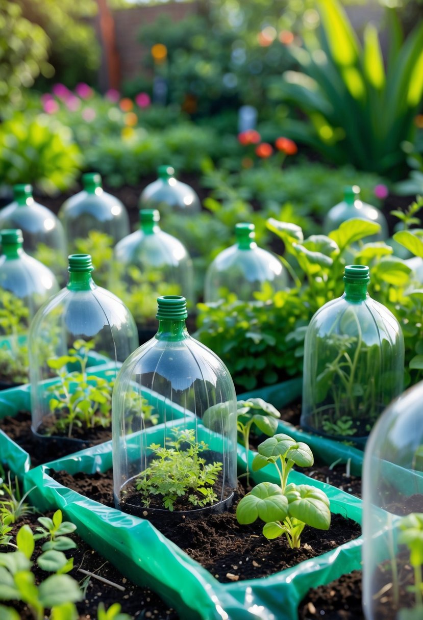 Mini greenhouse cloches made from cut plastic bottles covering small garden plants in an outdoor garden.