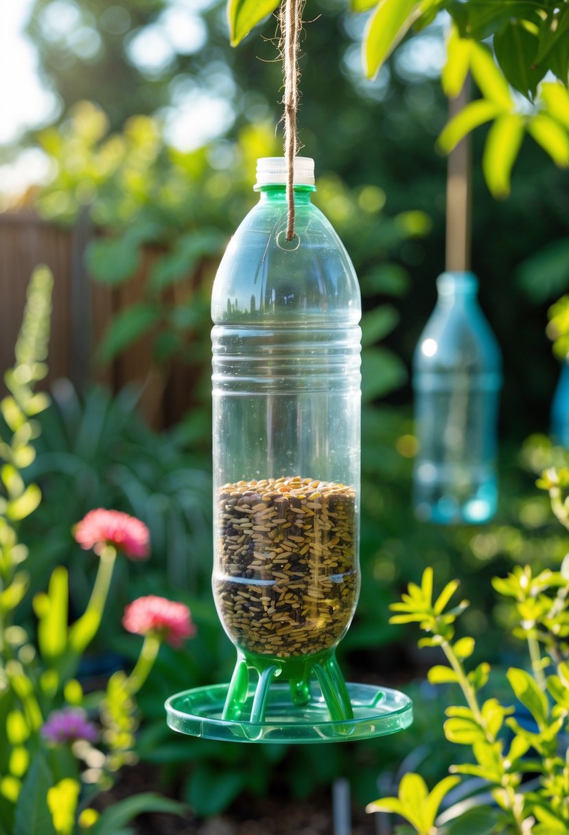 A bird feeder made from a plastic bottle hanging in a garden surrounded by plants and flowers.