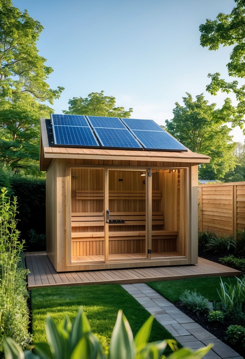 A wooden garden sauna with solar panels on the roof surrounded by green trees and plants under a clear blue sky.
