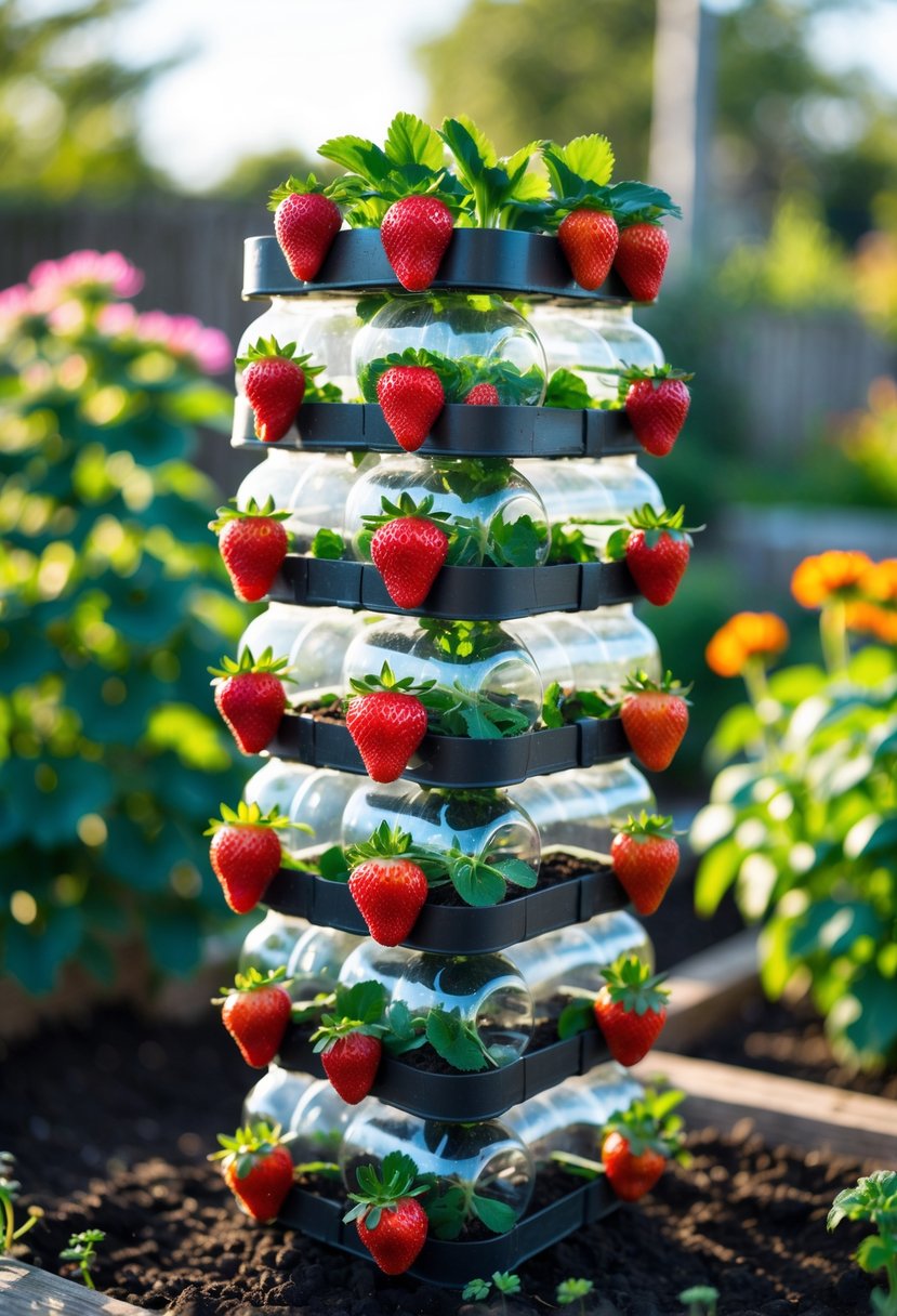 Vertical garden with ripe strawberries growing in stacked clear plastic bottles outdoors.
