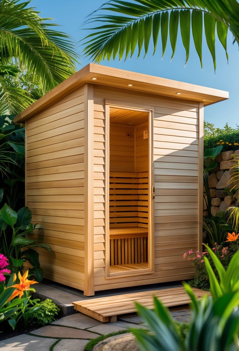 A bamboo exterior sauna surrounded by tropical plants and greenery in a garden setting.