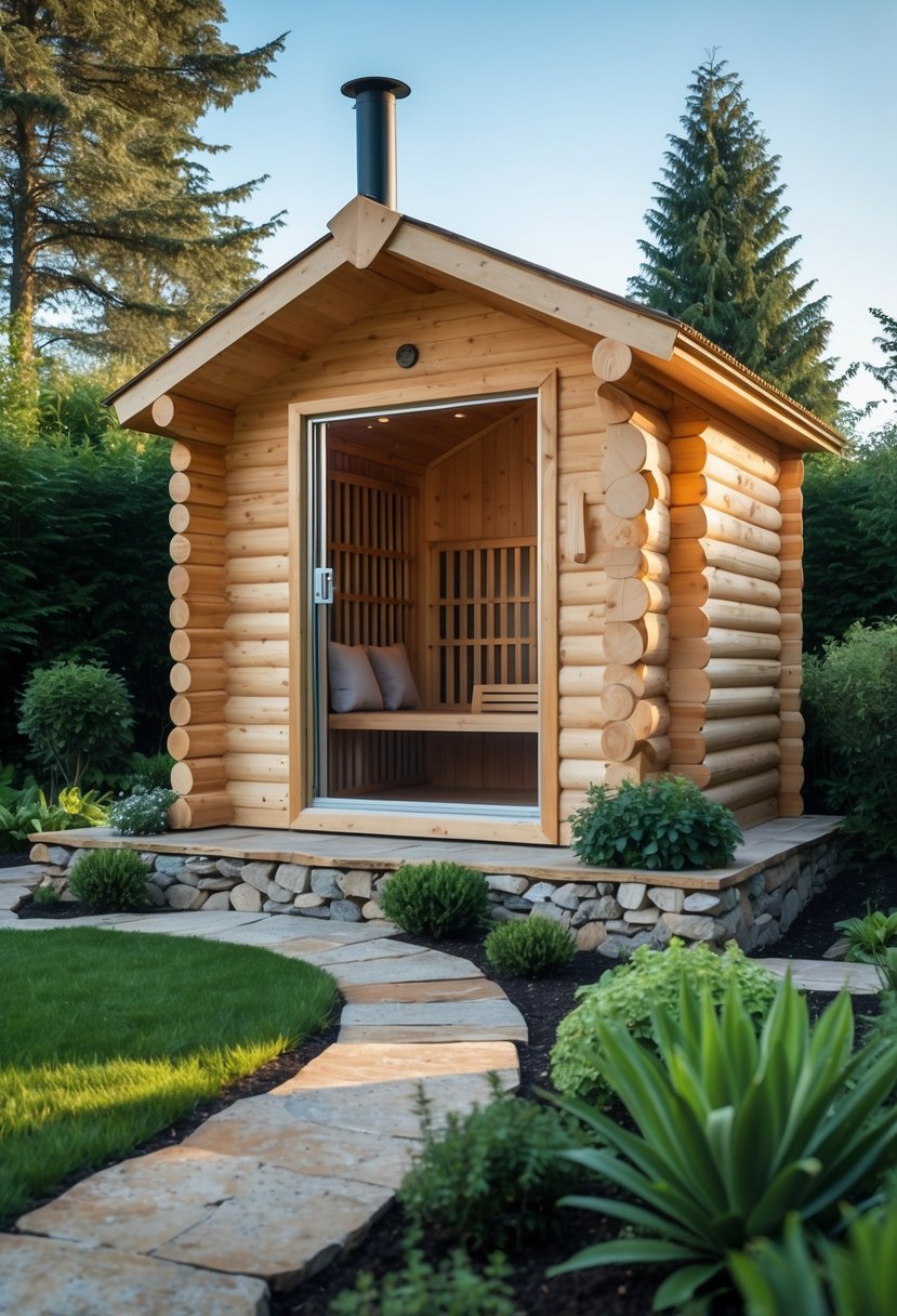 A rustic log cabin sauna with a stone foundation surrounded by green plants and trees in a garden setting.