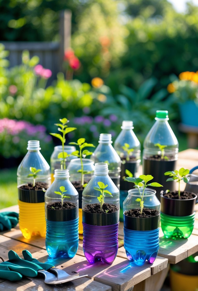 Plastic bottles cut and used as seed starter pots with young seedlings growing, arranged on a wooden surface in a garden setting.