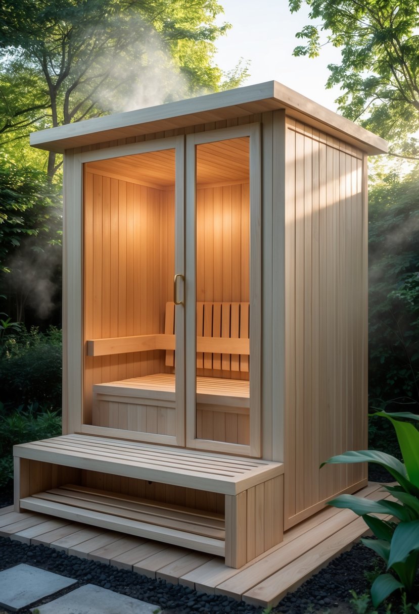 A garden sauna with integrated wooden seating and a storage bench surrounded by greenery.