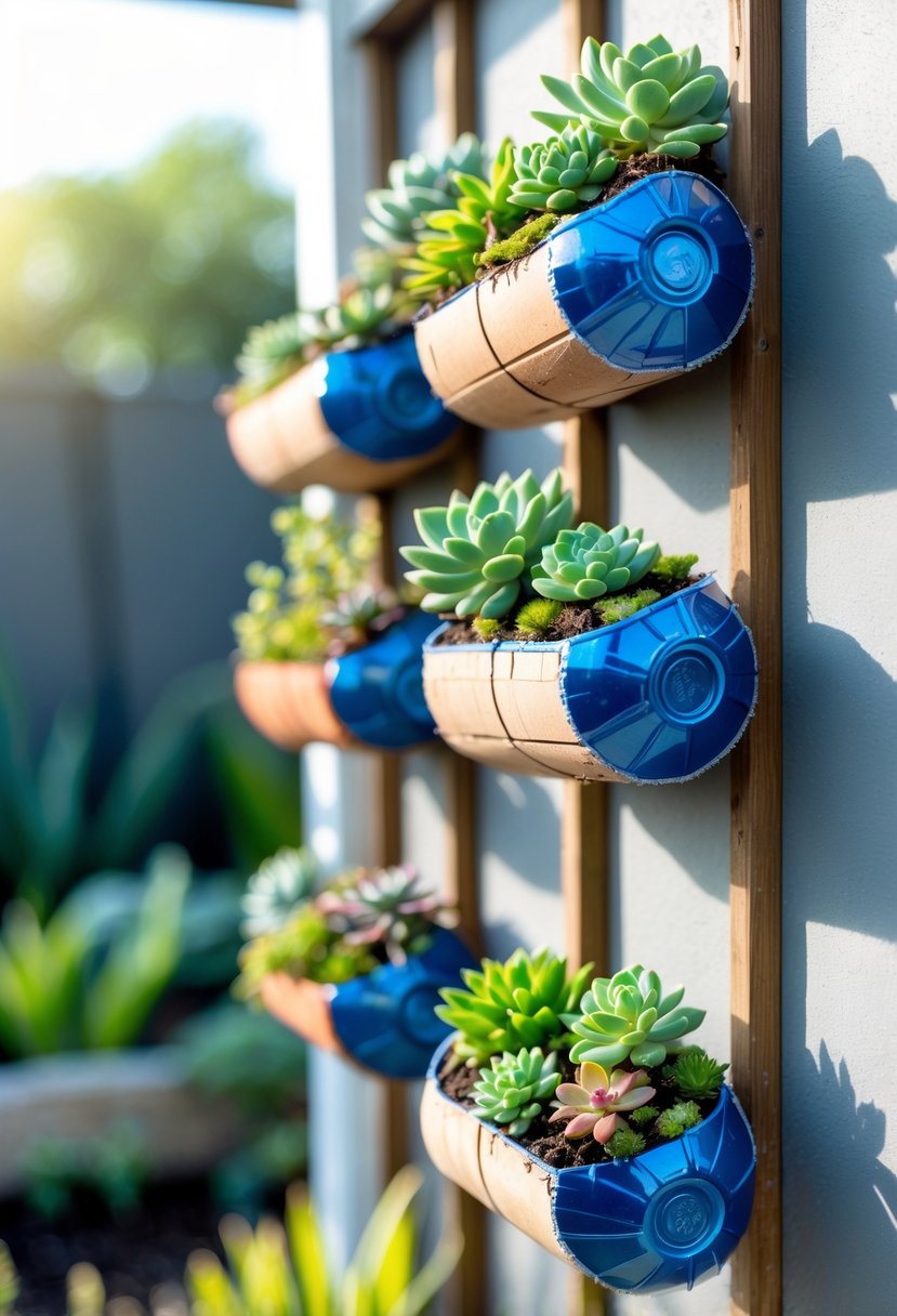 Wall-mounted planters made from plastic bottle bottoms holding various small succulent plants arranged on an outdoor wall.