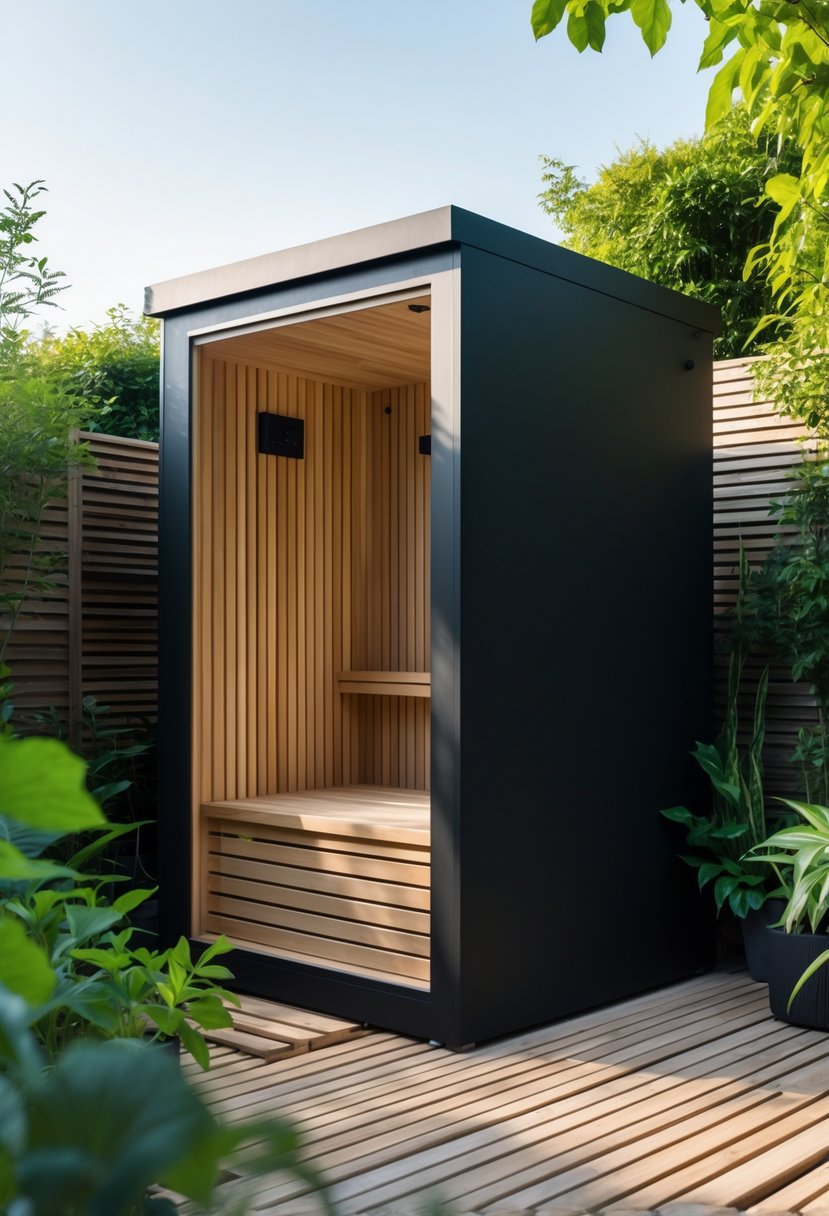 A small matte black garden sauna surrounded by green plants and wooden decking outdoors.