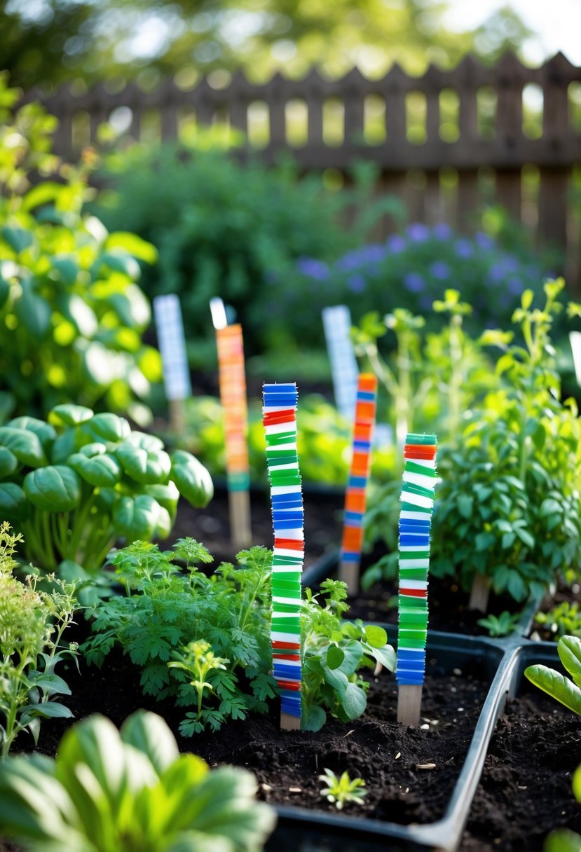 A garden with plants and herbs featuring colorful label stakes made from recycled plastic bottle strips inserted into the soil.