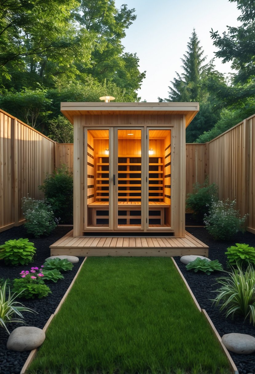 Backyard with a wooden sauna surrounded by plants and a tall privacy fence.