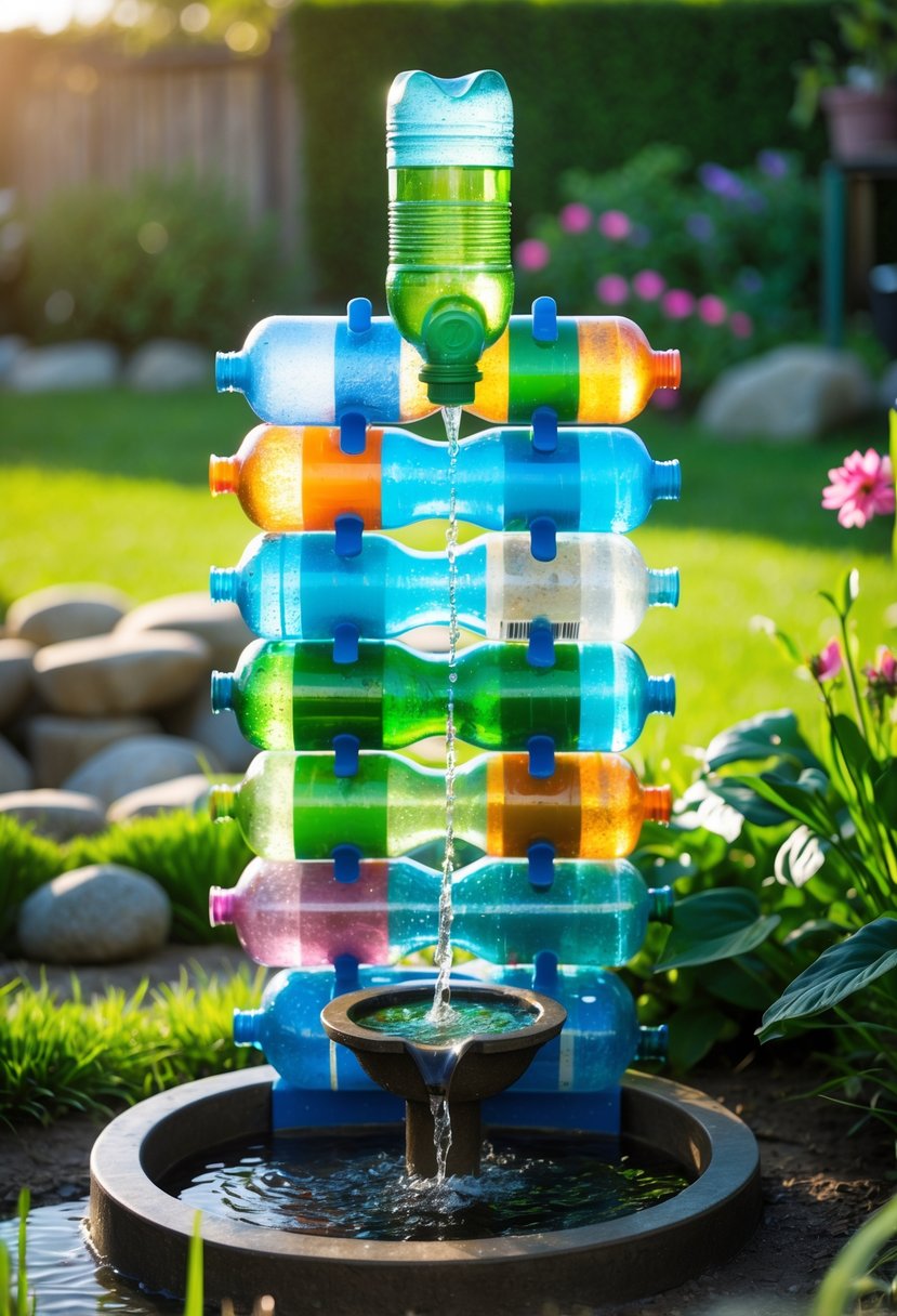 A garden fountain made from recycled plastic bottles with water flowing, surrounded by plants and flowers.