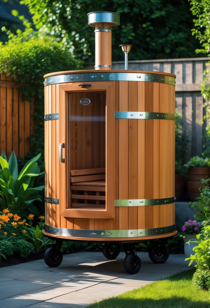 A portable barrel sauna on wheels placed in a green garden with plants and flowers around it.