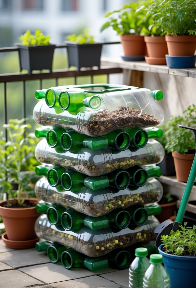 A small compost bin made from stacked plastic bottles on a balcony surrounded by potted plants and gardening tools.