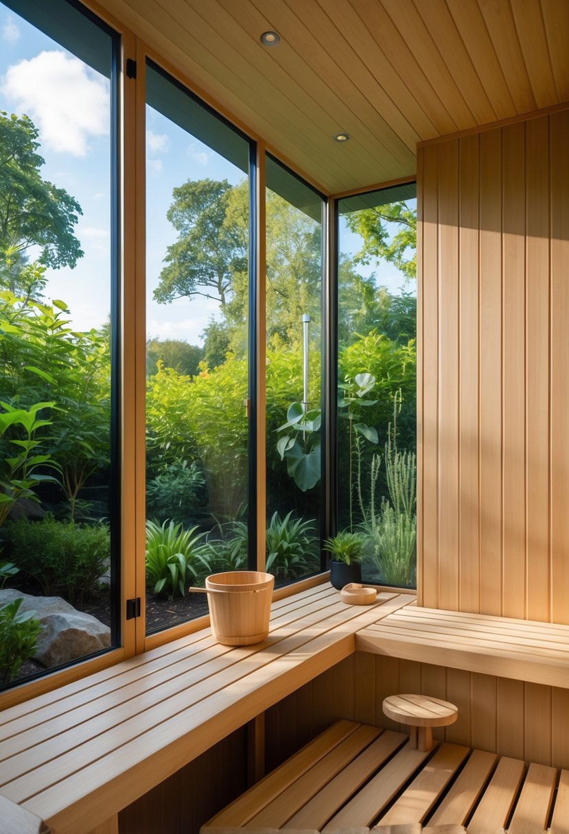 A sauna room with large floor-to-ceiling windows overlooking a green garden with plants and trees.