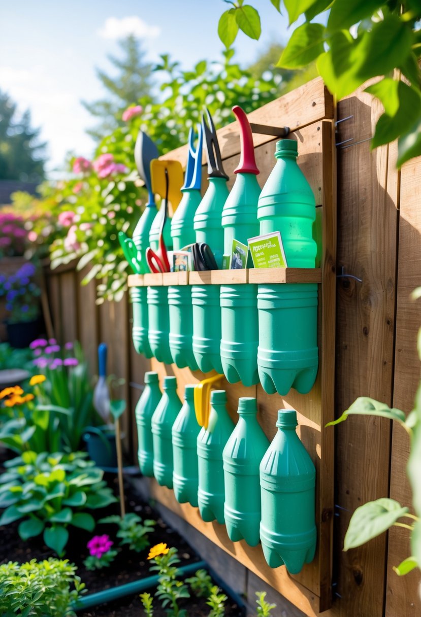 A garden tool organizer made from plastic bottles hanging on a wooden fence surrounded by plants and flowers.