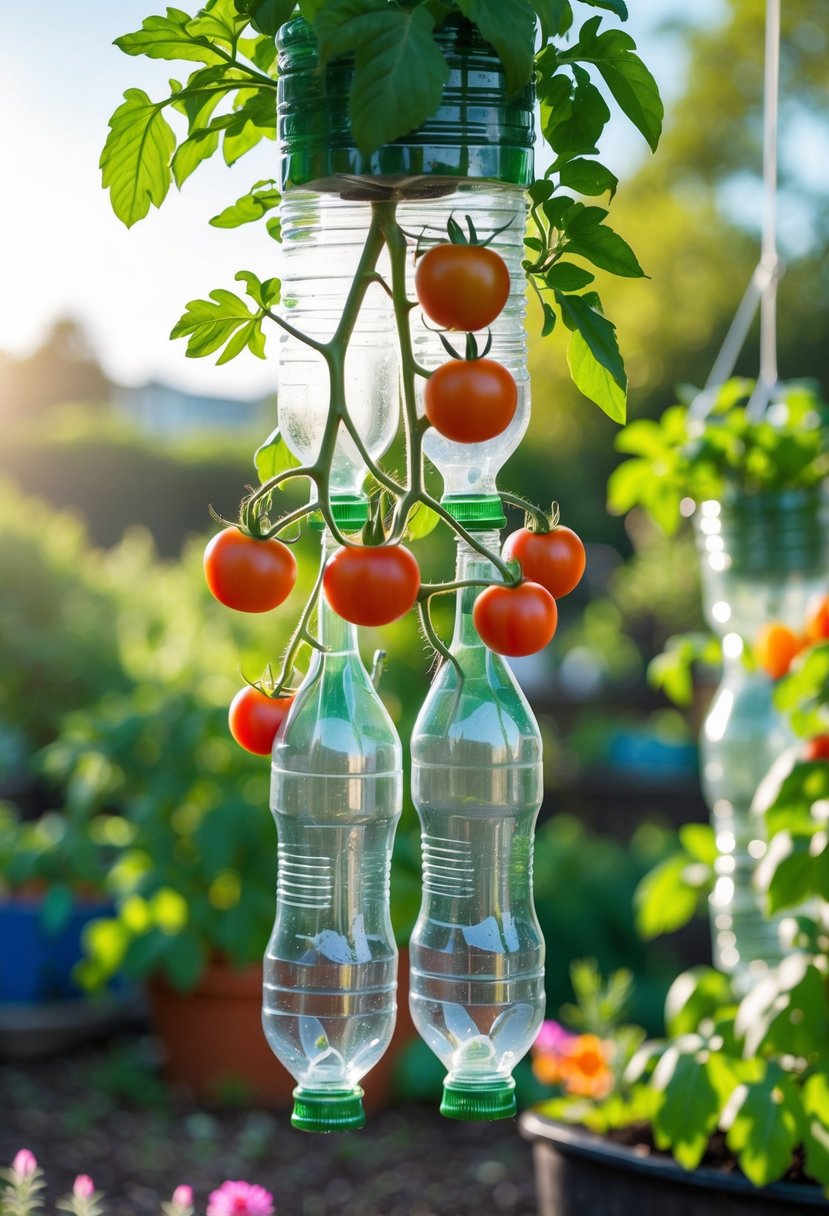Upside-down tomato plants growing in hanging plastic soda bottle planters in a bright garden.