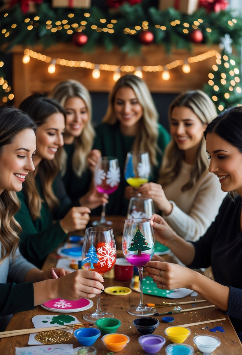 A group of women painting personalized wine glasses at a table decorated for Christmas crafts during a ladies' night.