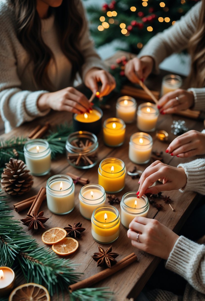 Hands making scented holiday candles surrounded by festive decorations and crafting materials on a wooden table.