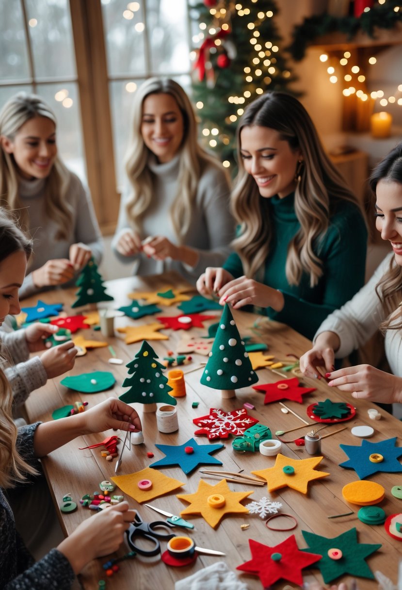 A group of women sitting around a table making colorful felt Christmas ornaments with craft supplies and holiday decorations.
