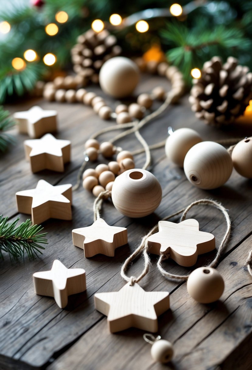 A collection of wooden bead Christmas ornaments arranged on a wooden surface with pine branches and soft warm lights in the background.