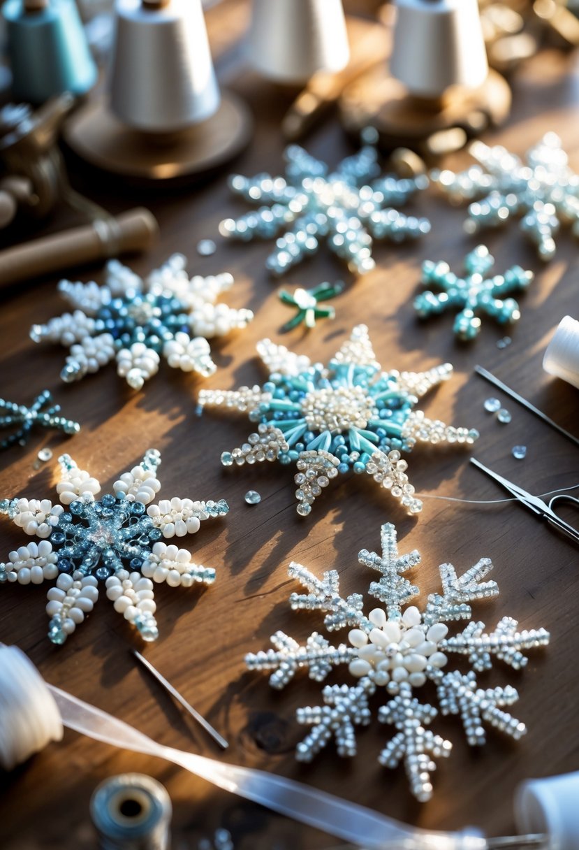 Close-up of several beaded snowflake decorations on a wooden table surrounded by crafting supplies.