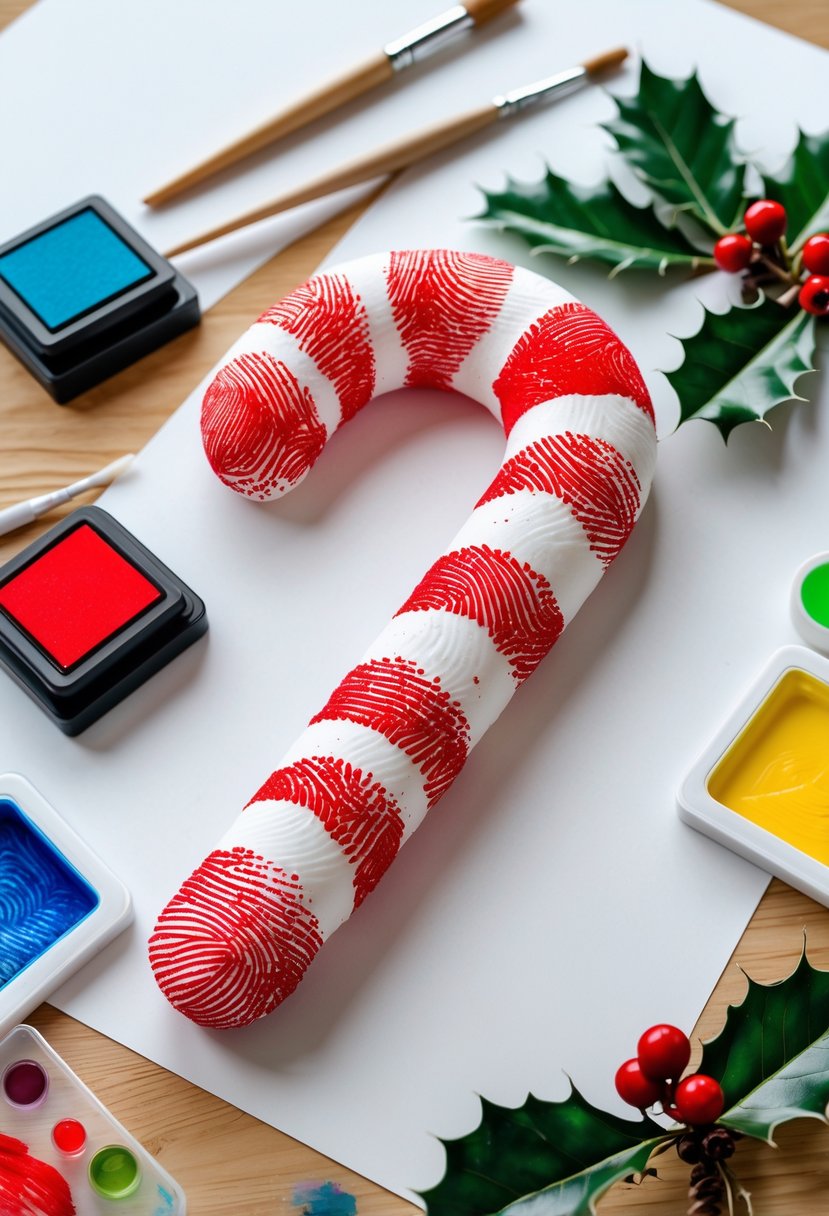 A colorful fingerprint candy cane craft made with red and white fingerprints on paper, surrounded by craft supplies on a wooden table.