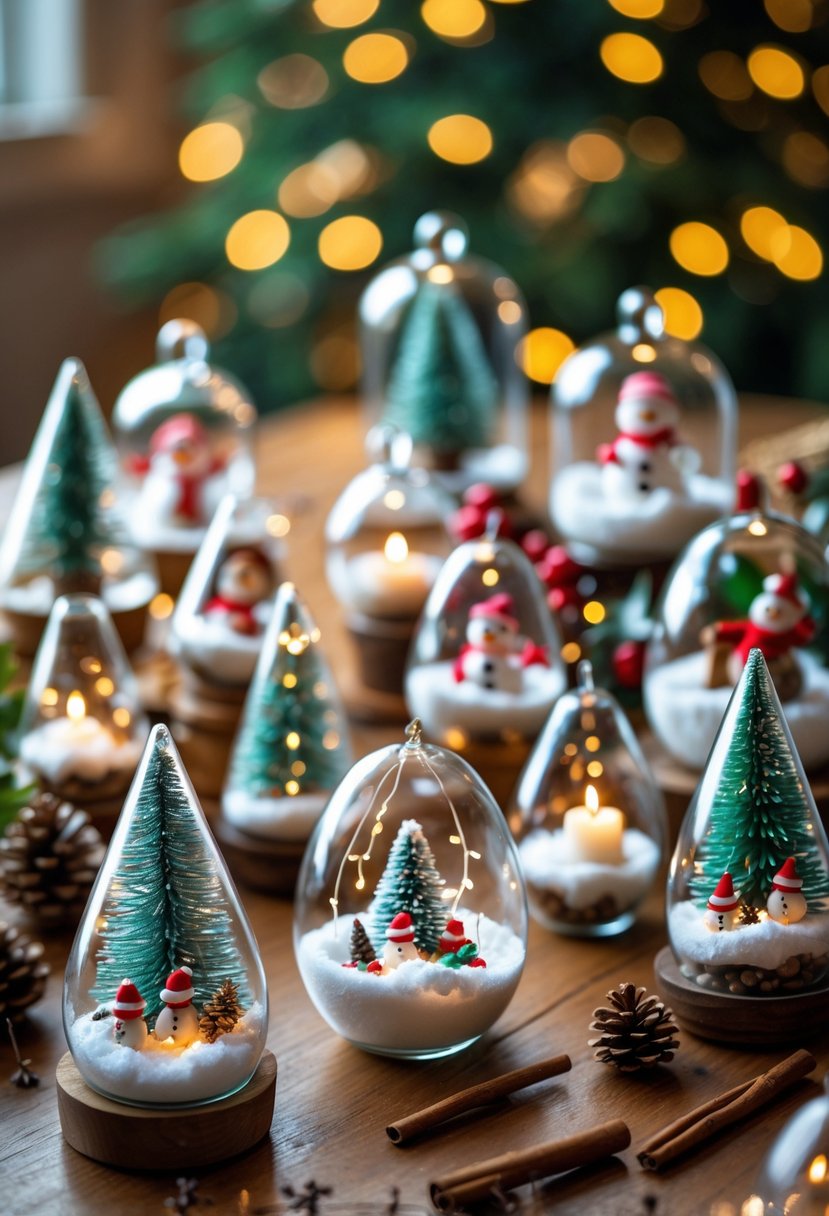 A collection of 15 miniature Christmas terrariums with tiny holiday decorations displayed on a wooden table surrounded by natural festive elements.