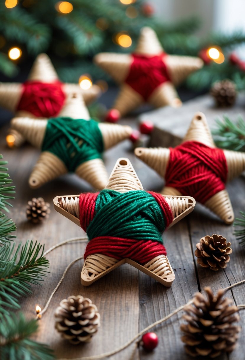 Several handmade Christmas star ornaments wrapped in colorful yarn displayed on a wooden surface with pine branches and pine cones.