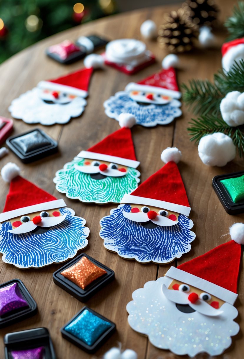 A collection of handmade fingerprint Santa Claus decorations arranged on a table with craft supplies.