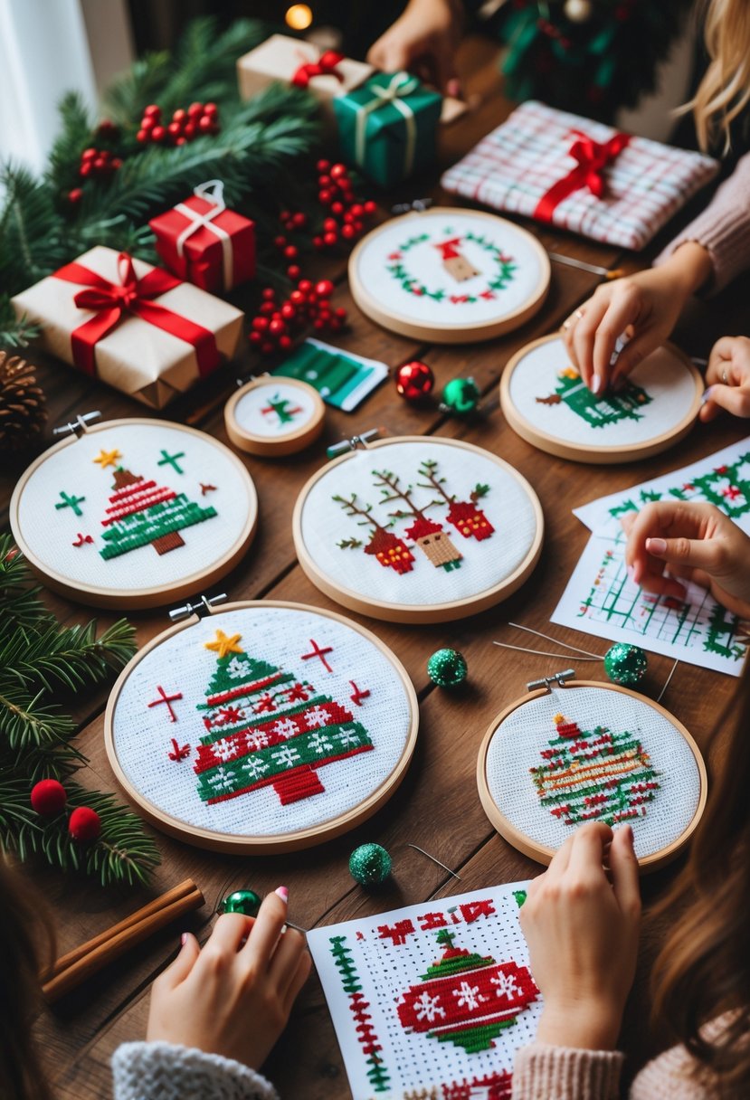 A cozy holiday craft scene with women’s hands working on colorful Christmas-themed cross-stitch projects surrounded by festive decorations on a wooden table.