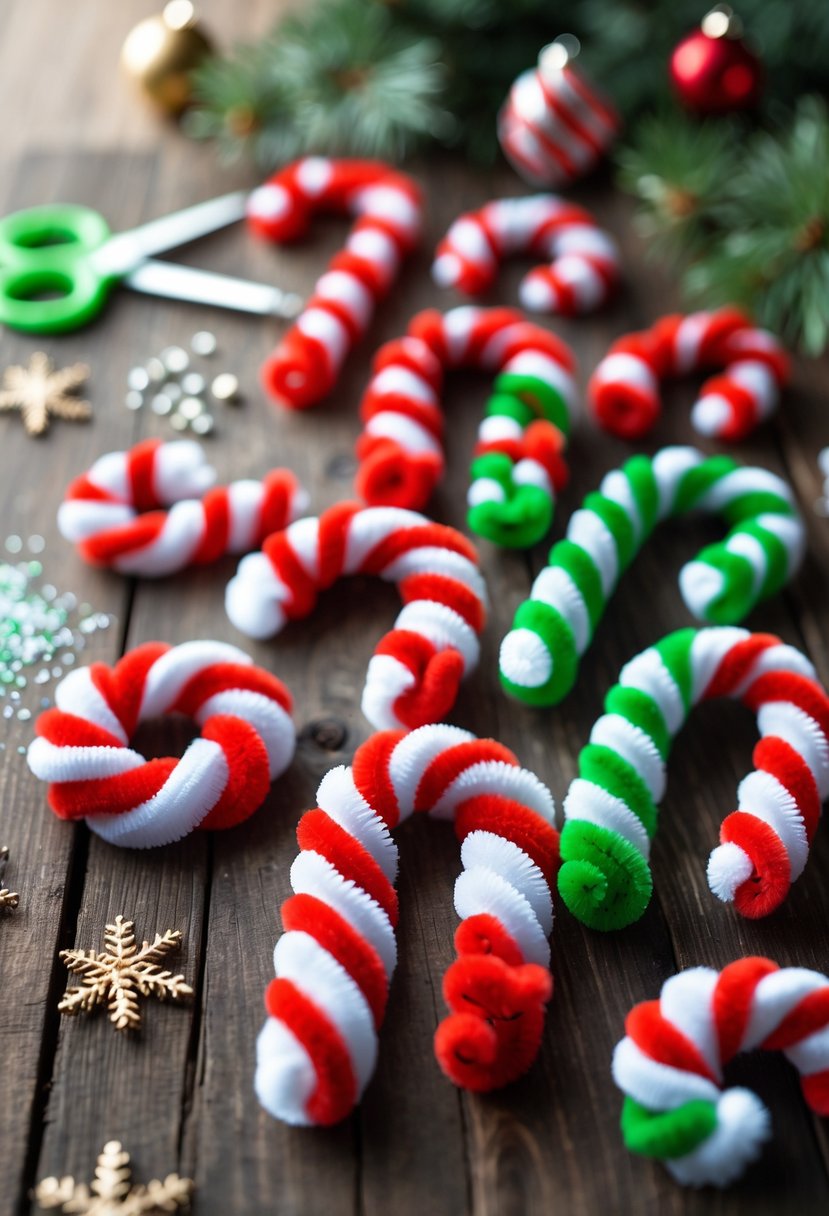 Close-up of colorful pipe cleaner candy cane ornaments arranged on a wooden surface with craft supplies around them.