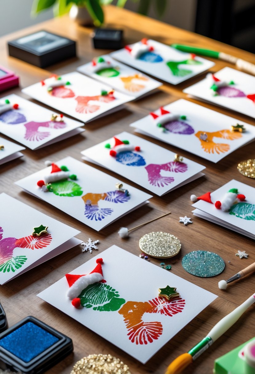 A collection of colorful Christmas craft cards featuring fingerprint elf footprints arranged on a wooden table with craft supplies around them.