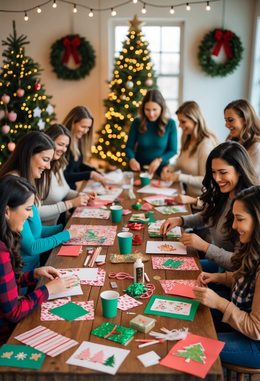 A group of women making Christmas cards together at a table filled with craft supplies and holiday decorations.