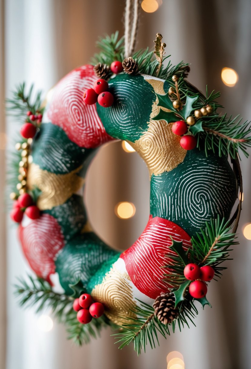 A colorful holiday wreath made from overlapping fingerprint impressions decorated with small berries and pinecones.