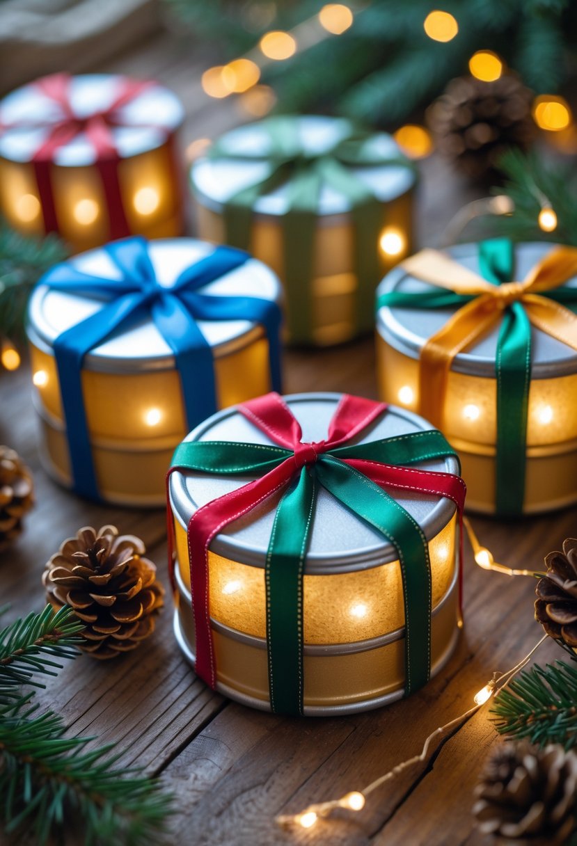 Close-up of several drum-shaped Christmas ornaments wrapped with colorful ribbons, arranged on a wooden surface with pine branches and pine cones.