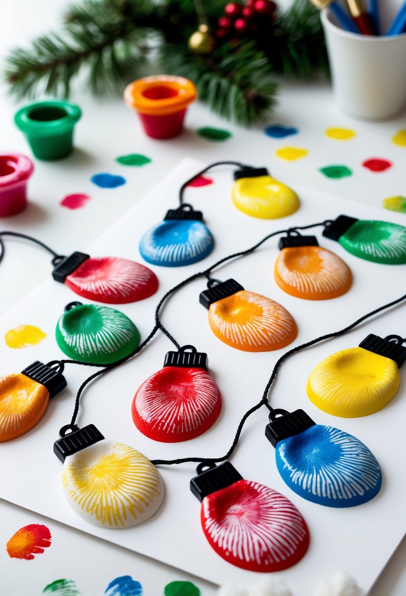 Close-up of colorful fingerprint Christmas lights arranged on a white surface with craft supplies nearby.