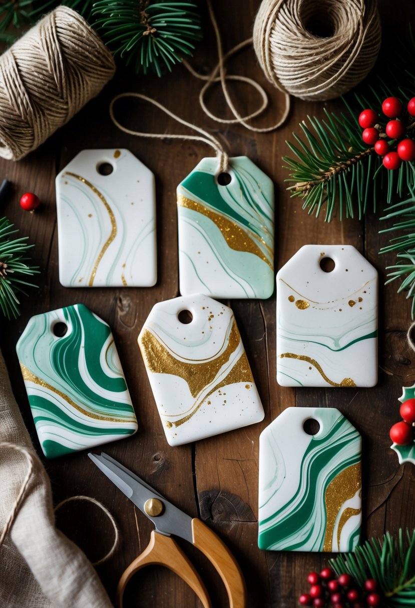 Marbled clay gift tags arranged on a wooden surface with crafting supplies like twine, scissors, pine branches, and red berries, creating a festive Christmas craft scene.