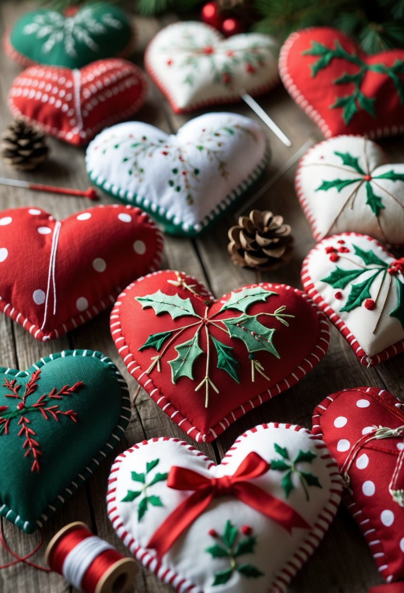 Close-up of hand-stitched fabric hearts in red, white, and green arranged on a wooden surface with sewing materials nearby.