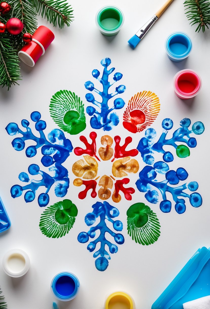 A colorful snowflake made from fingerprint patterns on a white surface with art supplies nearby.