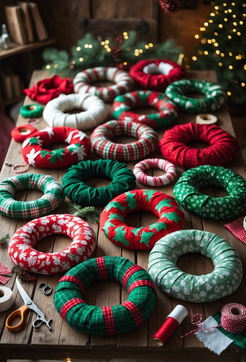 A table filled with fifteen colorful handmade Christmas fabric wreaths surrounded by crafting supplies and festive decorations.