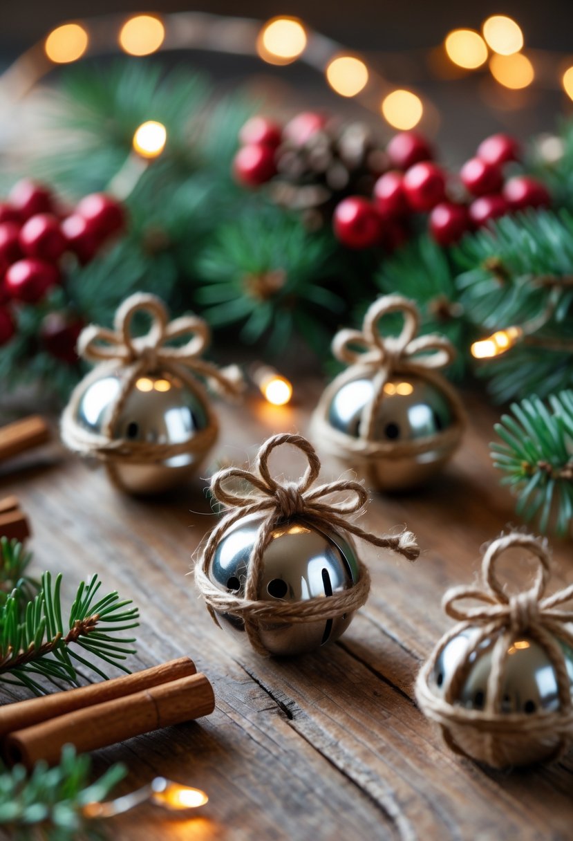Close-up of small metal bells wrapped with twine arranged with pine branches, red berries, and cinnamon sticks on a wooden surface.