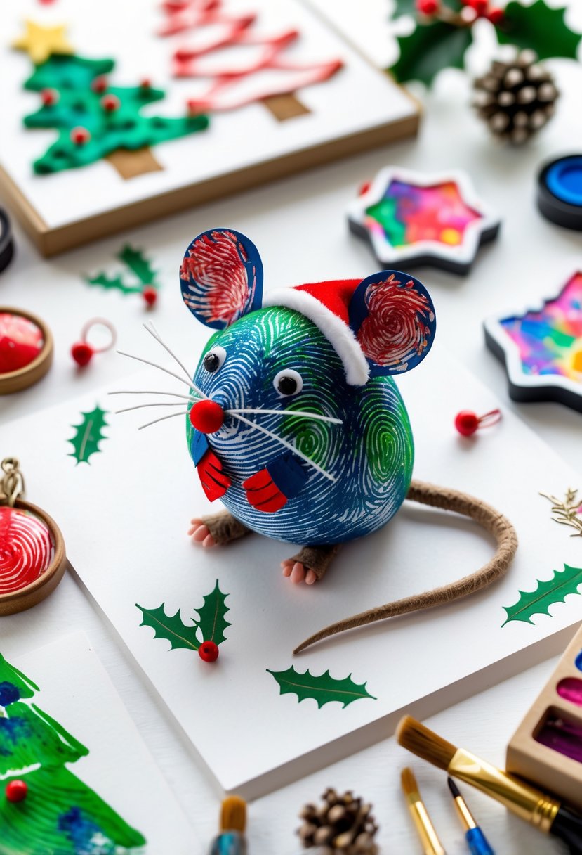 A colorful fingerprint art mouse decorated with Christmas elements surrounded by other fingerprint Christmas crafts on a white background.