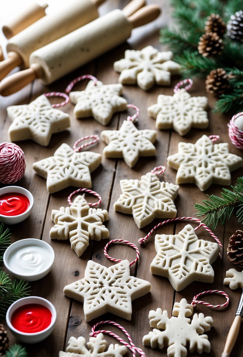 A table with handmade salt dough Christmas ornaments shaped like stars, hearts, and trees, surrounded by crafting tools and pine branches.