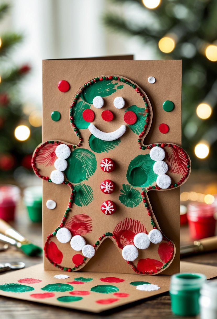 A gingerbread man card decorated with colorful fingerprint patterns on a wooden table surrounded by craft supplies and Christmas decorations.