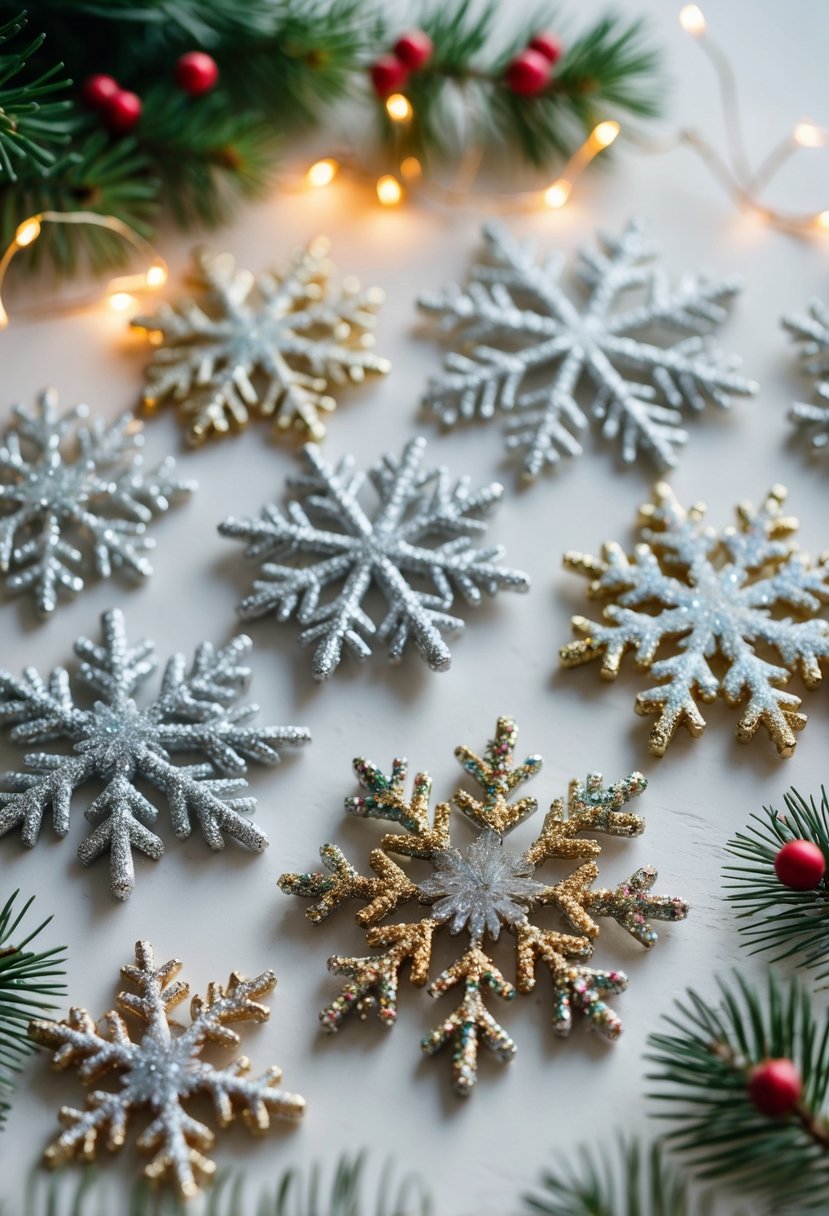 Close-up of glitter-covered snowflake ornaments surrounded by pine branches, red berries, and soft glowing lights.