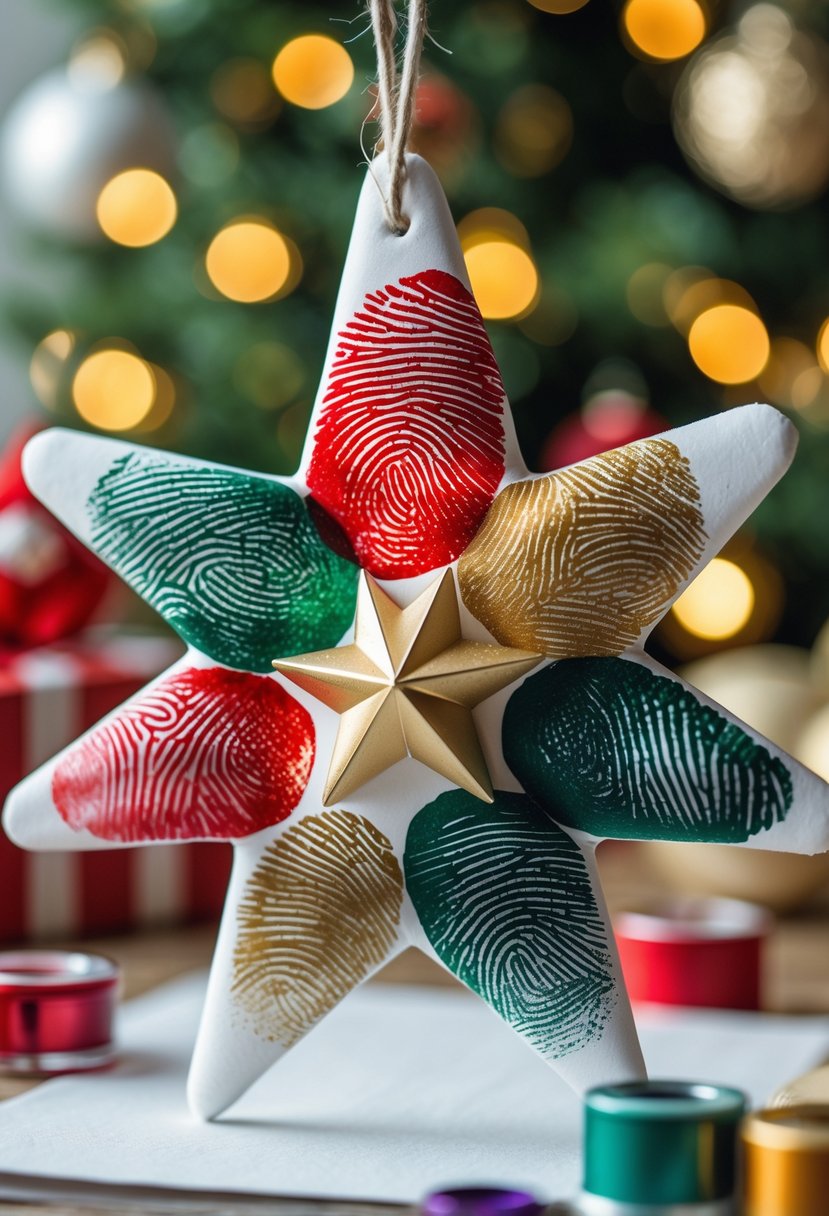A colorful Christmas star decoration made from overlapping fingerprints surrounded by craft supplies on a softly lit surface.