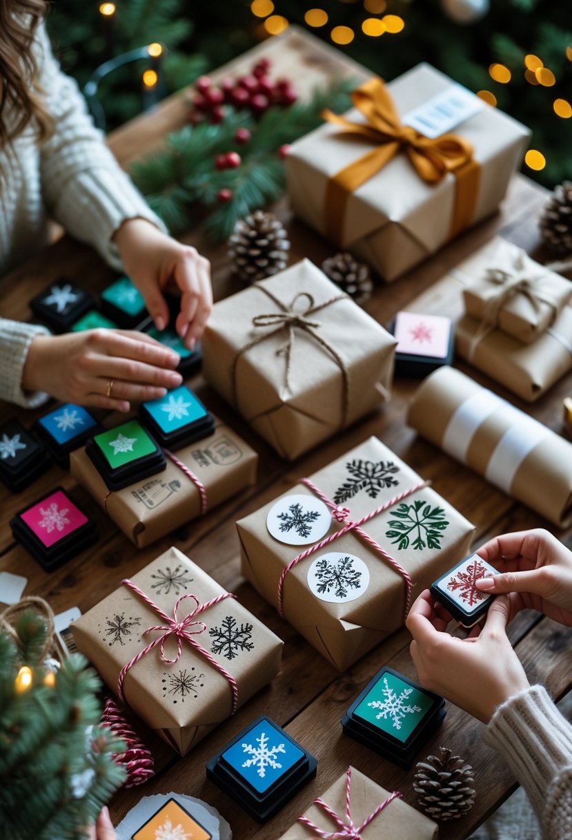 A festive crafting table with hands wrapping and hand-stamping holiday gift wrap surrounded by Christmas decorations and craft supplies.